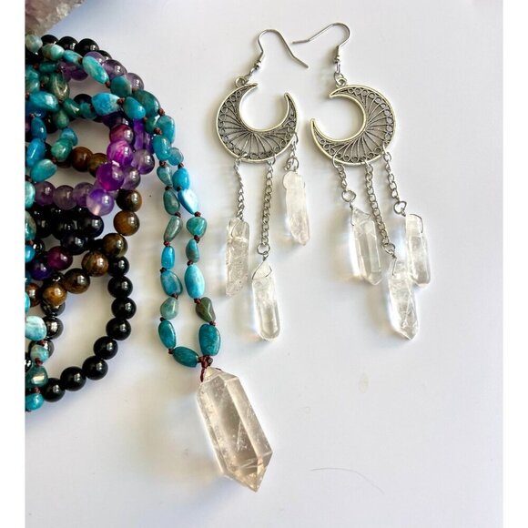 Celestial! Triple Clear Quartz Moon Chandelier Earrings! - Picture 2 of 8